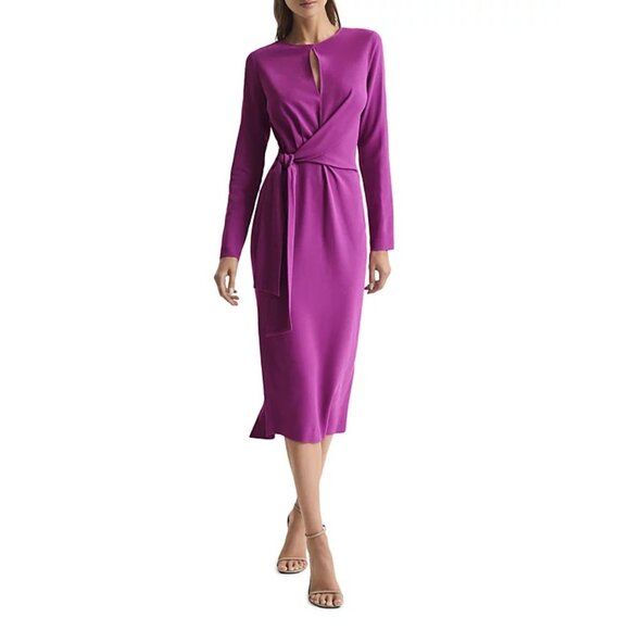 NWT Reiss Valentina Tie Waist Bodycon Pink Purple Midi Dress P3271